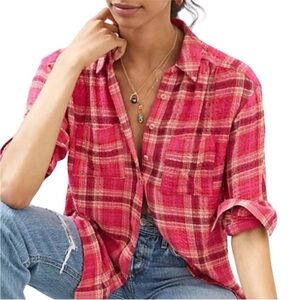 Anthropologie Pilcro Seamed Plaid Oversized Button Down Top in Medium Pink - XS